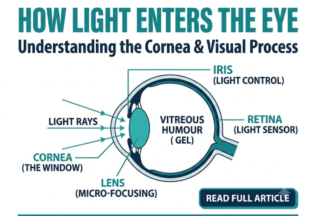 Discover how light enters the eye through the cornea, the roles of rods and cones in the retina, and how the lens focuses light to build the images we see.