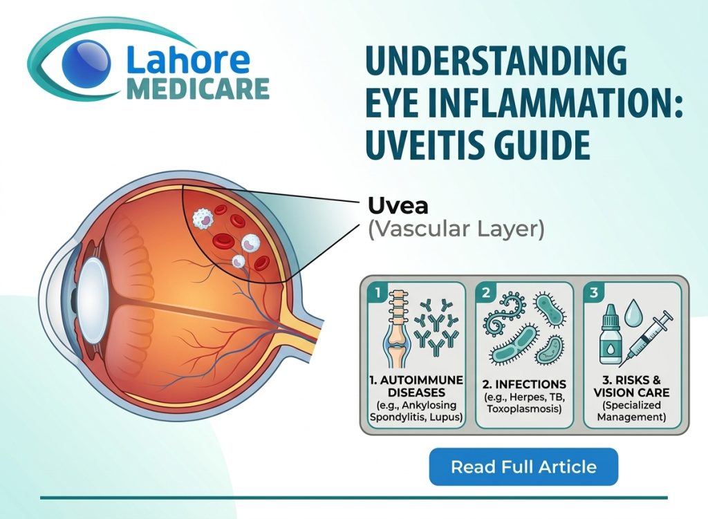 Discover what causes eye inflammation (uveitis), its primary risk factors, complications, and modern medical vision care options at Lahore Medicare.