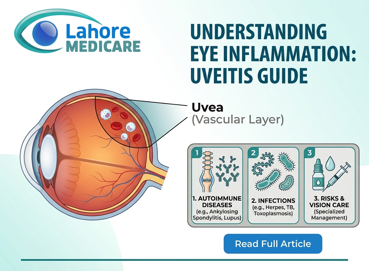 Discover what causes eye inflammation (uveitis), its primary risk factors, complications, and modern medical vision care options at Lahore Medicare.