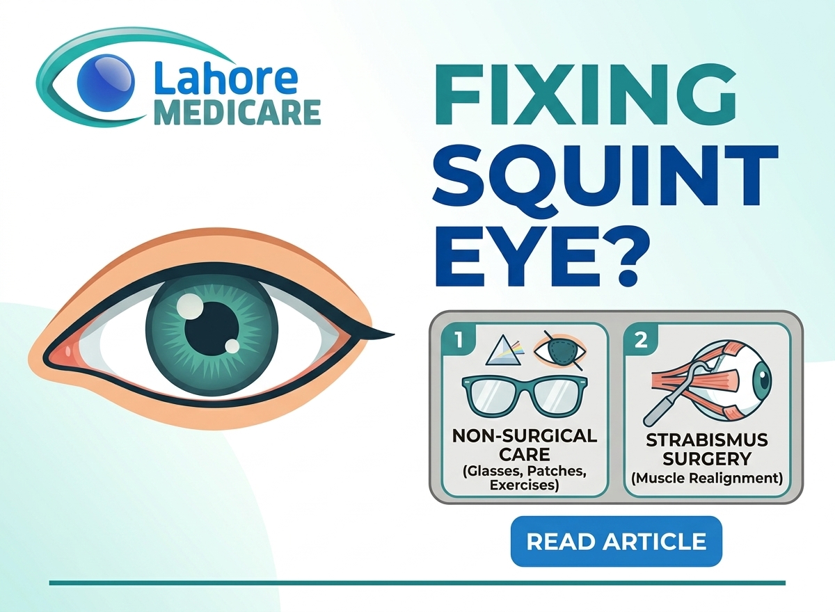Learn about squint (strabismus) causes, types like esotropia and exotropia, and non-surgical vs. surgical treatment options at Lahore Medicare.