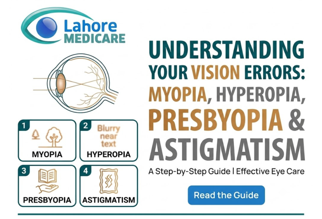 Learn about myopia, hyperopia, presbyopia, and astigmatism. Discover symptoms, underlying causes, and modern vision correction at Lahore Medicare.