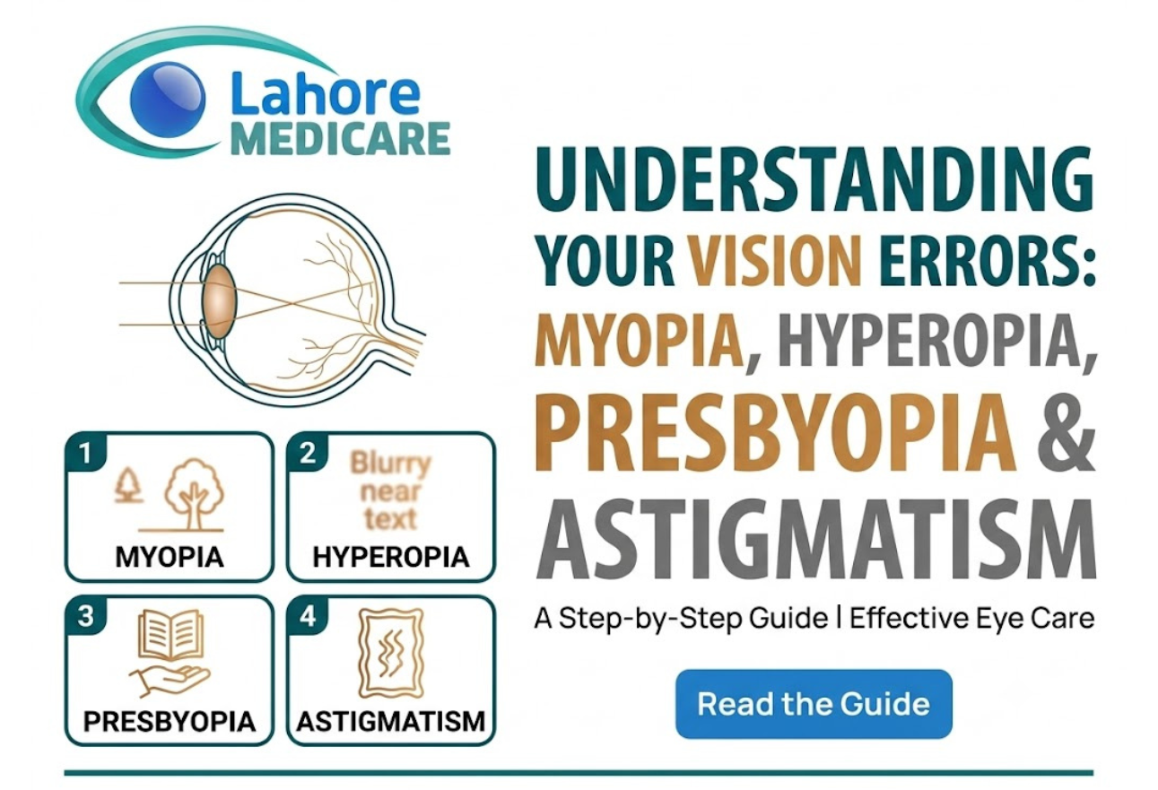 Learn about myopia, hyperopia, presbyopia, and astigmatism. Discover symptoms, underlying causes, and modern vision correction at Lahore Medicare.