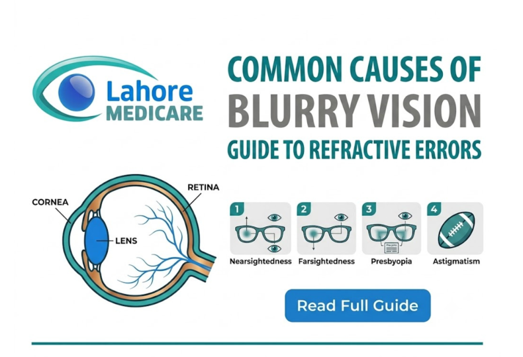 Discover why refractive errors cause blurry vision. Learn about myopia, hyperopia, presbyopia, and astigmatism, plus expert care at Lahore Medicare.