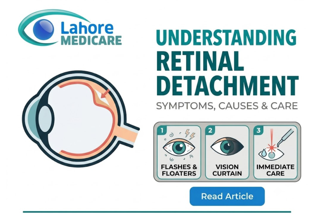 Understand retinal detachment causes, emergency symptoms like flashes and floaters, and surgical treatments available at Lahore Medicare.