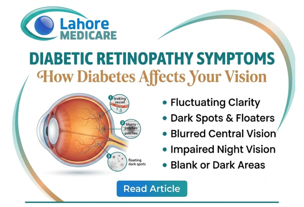 Learn how diabetes damages the retina, key symptoms of diabetic retinopathy, and modern treatments available at Lahore Medicare to protect your vision.