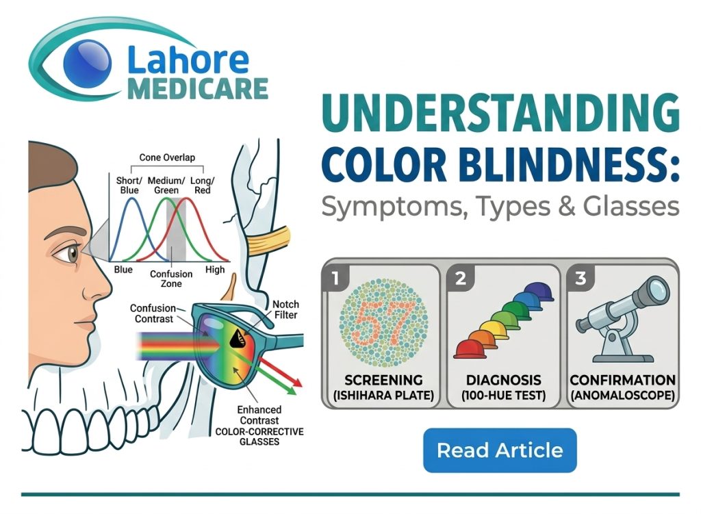 Discover how to test for color blindness, understand red-green types, and learn how color-corrective filter glasses work at Lahore Medicare.