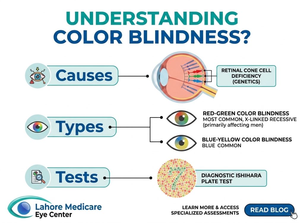 Learn what causes color blindness, red-green vs blue-yellow types, Ishihara testing, and modern management at Lahore Medicare