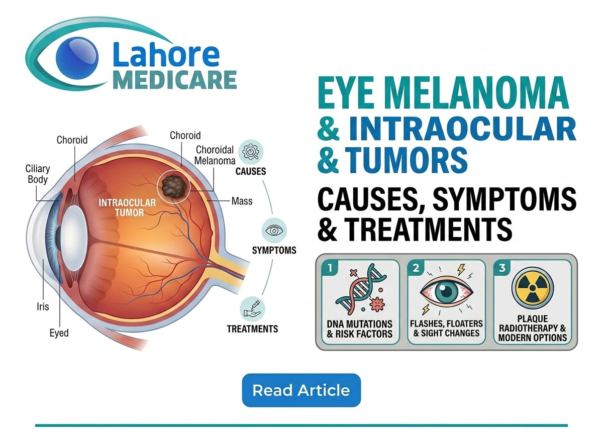 Learn about eye melanoma, intraocular tumor causes, symptoms, diagnostic scans, and advanced treatment options at Lahore Medicare.