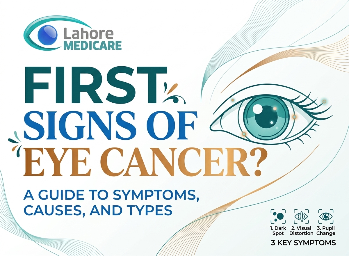 Learn the first signs of eye cancer, including intraocular melanoma and retinoblastoma, causes, and modern treatment options at Lahore Medicare.