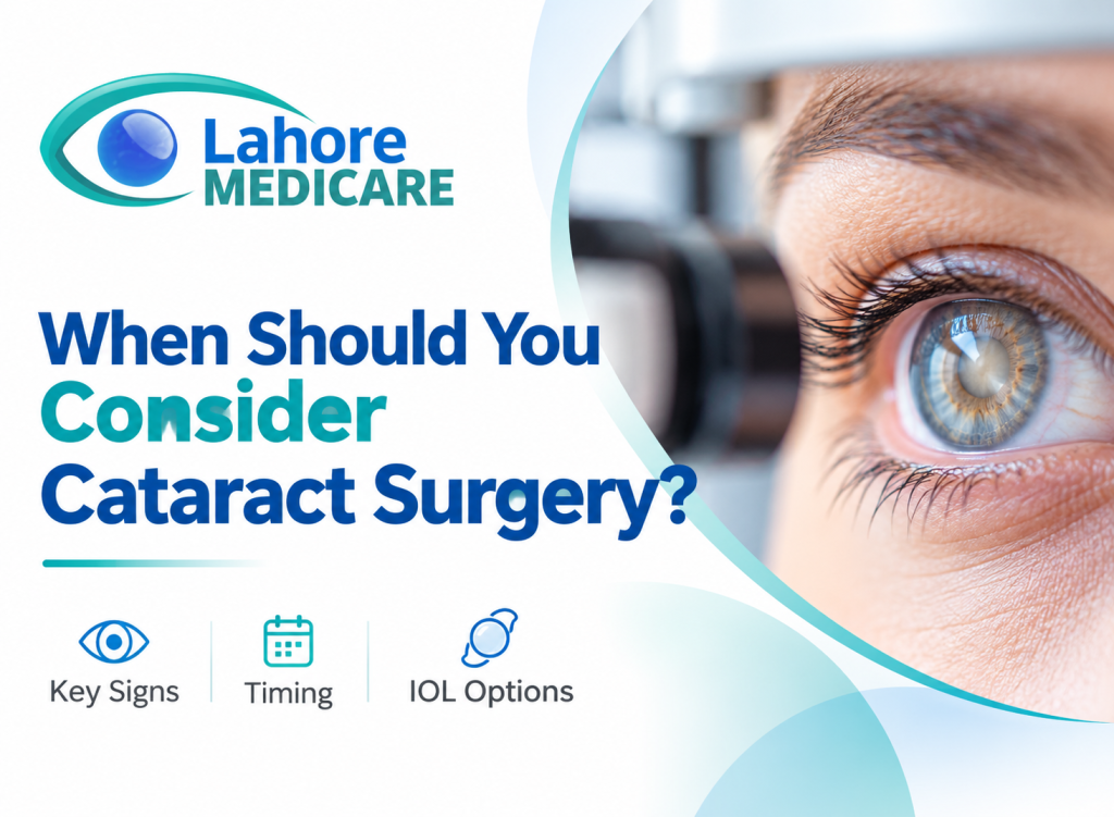 Learn when to consider cataract surgery, key warning signs, intraocular lens (IOL) choices, and modern recovery at Lahore Medicare.