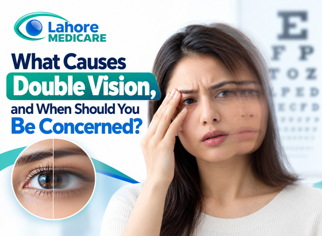 Learn what causes double vision (diplopia), understand monocular vs binocular symptoms, red flag warning signs, and treatments at Lahore Medicare.